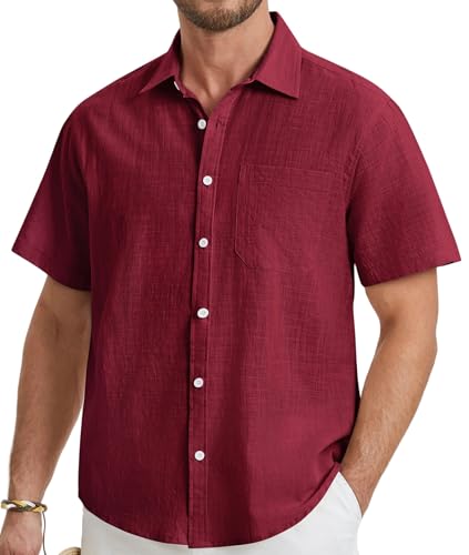 HISDERN Camisa Lino Hombre Manga Corta Casual Verano Color Sólido Camisas Elegante Algodón Camisa con Bolsillo con Botónes Shirt Regular Fit Borgoña XL
