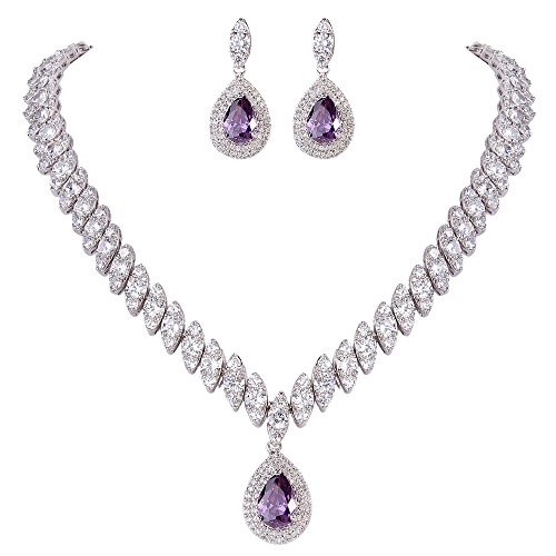EVER FAITH Women's Jewelry Purple CZ Marquise-Shaped Leaf Teardrop Wedding Prom Necklace Earrings Set Silver-Tone