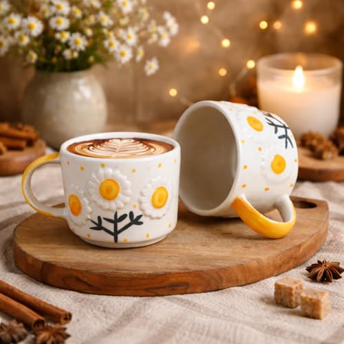Image of Hoomi | Floral Daisy Design Sunflower Ceramic Coffee Mug Set of 2, Aesthetic Tea & Coffee Cups, Glossy Finish, Microwave & Dishwasher Safe, Bone Ash Free Drinkware for Home & Office