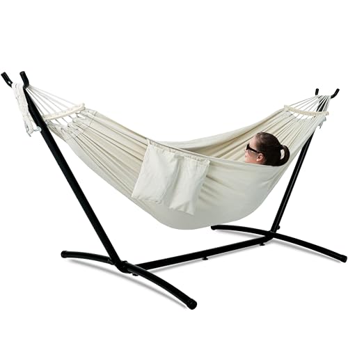 Image of GAFETE Double Hammock with Stand for Outside, Upgraded Spreader Bar, Heavy Duty Space Saving Steel Stand 2 Person, Convenient Pocket, Easy Assembly, 600lbs Weight Capacity, Indoor & Outdoor (Natural