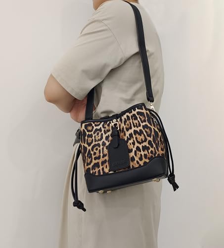Small Leopard Print Bucket Bags for Women Drawstring Crossbody Bag PU Leather Shoulder Bucket Tote Bag Purse2