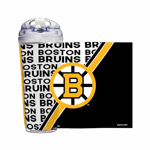Image of Rico Industries NHL Hockey Boston Bruins Standard 24oz Acrylic Tumbler with Hinged Lid, Officially Licensed Double Wall Tumbler with Straw