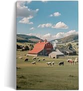 Rustic Farmhouse Barn Wall Decor Cow Pictures Wall Decor Village Landscape Canvas Wall Art Red Ba...