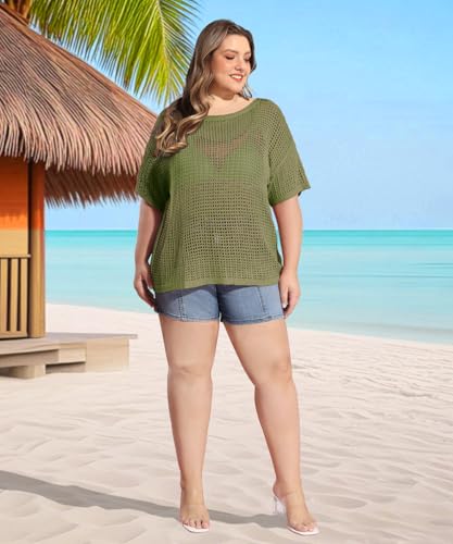RITERA Plus Size Women Crochet Cover Up Summer Scoop Neck Swimwear Hollow Out Sweater Tops Vacation Beach Shirts XL-5XL3