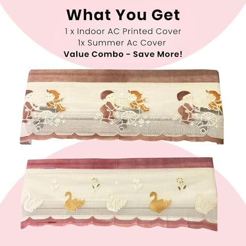 Image of Combo Cotton Net Split AC Cover Indoor Unit for 2 Ton Capacity AC, Premium Work Indoor AC Dust Protection Cover Designer Summer Ac Cover for 2 Ton Ac (38 X 15.35 X 7.8 inch, Peach & Brown)