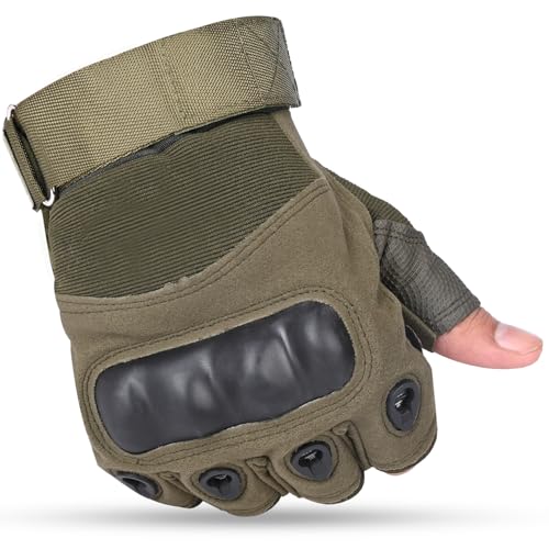 Image of Pivalo Half Finger Bike Riding Gloves with Strong Protective Shells Anti-Skid Surface Breathable Material Glove for Motorcycle Cycling Climbing Mountaineering (Military Green, L)
