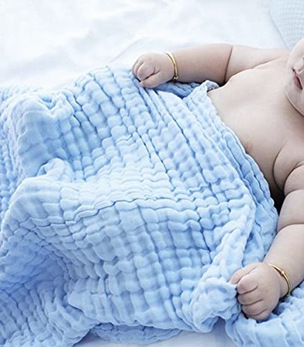 Image of Baby Muslin Swaddle Blanket | Receiving Blanket| Baby Bath Towel | Size 41X41 inches| Muslin Cotton Gauze 6 Layer (Blue)