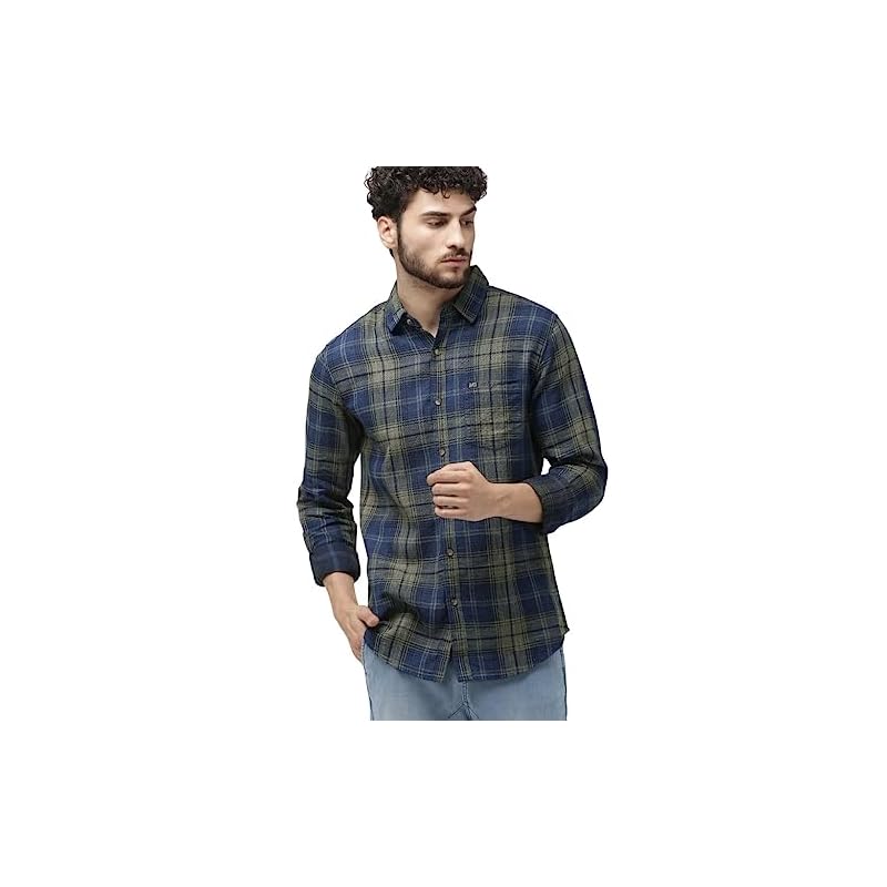 The Indian Garage Co Men's Slim Shirt (0519-SH02-07-Beige/Navy_Beige Large)