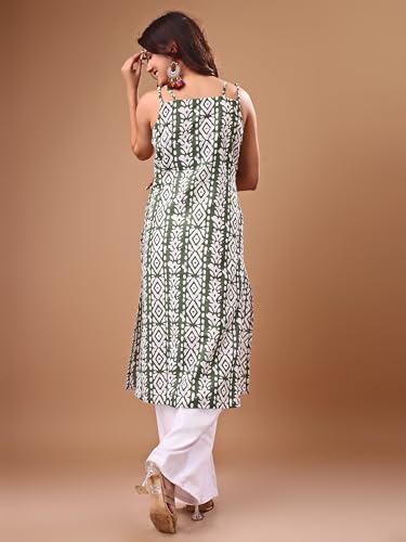 Image of EthnicJunction Women's Cotton Blend Straight Fit Straight Embroidered Batik Print Shoulder Straps Kurta | Navratri Special Kurta