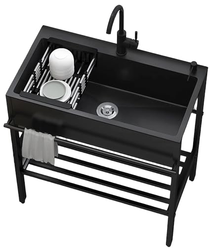 Lavello da cucina autoportante – Lavello in acciaio inox, set commerciale per bar ristorante con rubinetto e gocciolatoio, vasca salvaspazio per lavanderia, lavello singolo per lavanderia