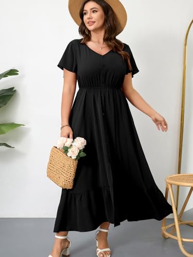 Image of RWJ Women Plus Size Maxi Dress V Neck Short Sleeve Button Trim Split Flowy Tiered Casual Long Dresses 2025 L-3XL