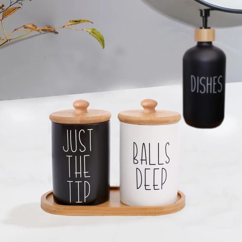 Miniatura 4 de VICUKIE Tarros de boticario, soporte de cerámica para Qtip y soporte de bola de algodón, exquisitos frascos de boticario con tapas, decoración de