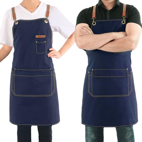 Canvas Apron with Pockets and Cross-back Straps for Chef Kitchen Cooking BBQ, Barista Bartender Barber Shop and Art Gardening Work Professional Aprons - Navy