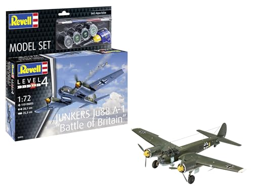 Revell Modellbausatz Junkers Ju88 A-1 Battle of Britain | Deutsches Kampfflugzeug im WWII | Maßstabsgetreu mit Cockpit | Zubehör inkl. Kleber und Pinsel