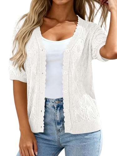 PRETTYGARDEN Crochet Knit Button Up V Neck Valentines Cardigan for Women Lightweight Short Sleeve...
