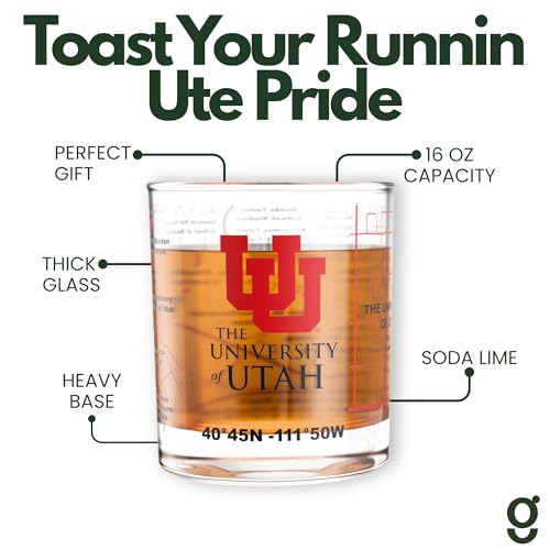 Image of Greenline Goods University of Utah Utes Whiskey Glasses Set of 2, 10 oz Rocks Glasses with Full-Color Logo & Campus Map - Officially Licensed Bourbon Glass Gift for Alumni & Fans
