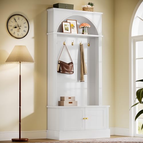 Image of Tribesigns Hall Tree with Bench and Shoe Storage, 4-in-1 Design Entryway Bench with Coat Rack, 70.86 inch Tall Mudroom Rack with 5 Double Hooks and Adjustable Shelf for Hallway (White)