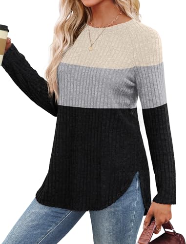 Image of Saloogoe Long Sleeve Shirts for Women 2025 Fall Clothes Tunic Tops Loose Fit Dressy Crewneck Pullover Sweaters Curved Hem