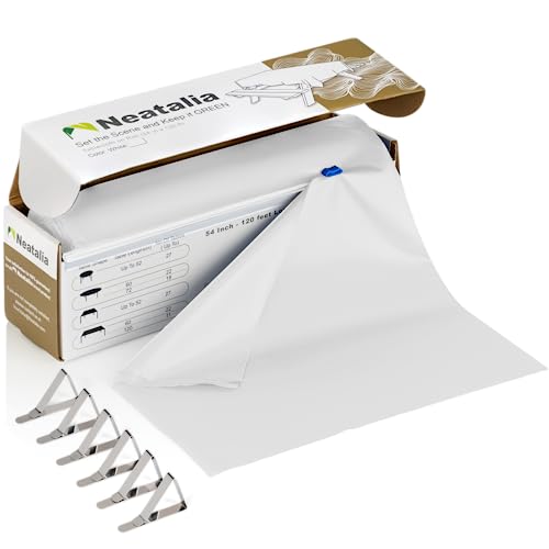Neatalia 120Ft By 54In White Disposable Plastic Tablecloth Roll With Slide-Cutter, Plus 6 Metal Table Cover Clips | For Any Size/Shape #TOP28