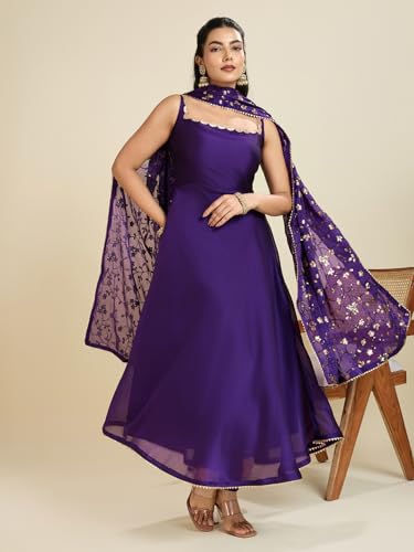 Image of UFB Purple Anarkali Kurta with Embroidered Dupatta, Sleeveless Square Neck Design