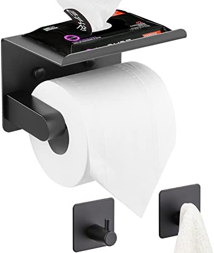 Nineaccy Toilet Paper Holder with Cell Phone Placement Function + Towel Hook 304 Stainless Steel, Sticky Paper or Screw Mount Toilet Paper Holder for Bathroom or Lavatory.[with Screws](Black)