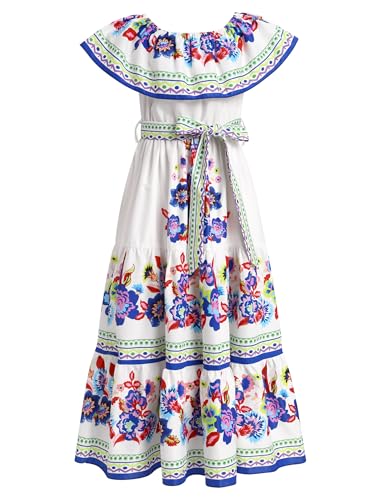 Traditional Mexican Dress for Girls Kids Floral Print Off Shoulder Maxi Sundress Cinco de Mayo Fiesta Dresses with Belt3