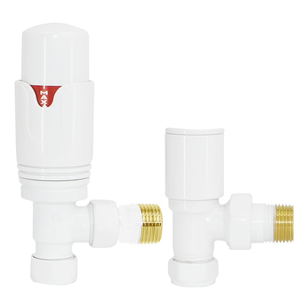 Nrg Angled - White 15Mm White Angled Trv Thermostatic Valves And Manual Angled Radiator Towel Rail Valves