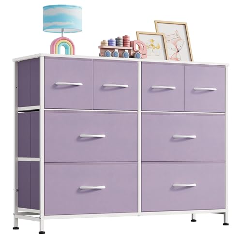 Image of WLIVE Dresser for Bedroom with 8 Drawers, Wide Fabric Dresser for Storage and Organization, Bedroom Dressers, Chest of Drawers for Living Room, Closet, Hallway, Purple