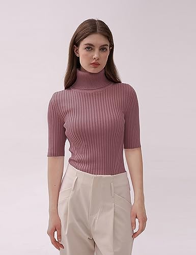 Image of v28 Women Turtleneck 1 /2 Half Sleeve Highly Stretchy Ribbed Knit Fitted Sweater