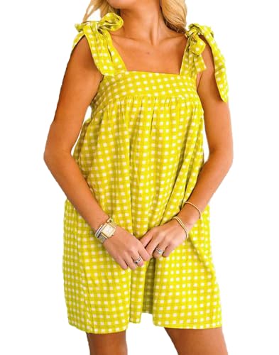 Image of Women Floral Tie Shoulder Mini Dress Cute Square Neck Loose Fit Beach Short Dress Backless Boho Vocation Sundress