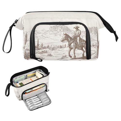 Image of Western Cowboy Nylon Pencil Case with Side & Top Access Stylish & Functional Bag for Travel Office Back-to-School & Art Supplies Storage
