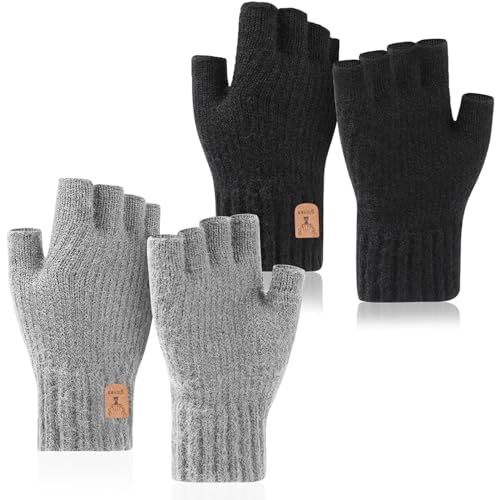 Apricitie 2 Paar Thermisch Fingerlose Handschuhe Herren Damen Handschuhe Ohne Finger, Fingerless Gloves Winterhandschuhe Touchscreen Winter Warme Strickhandschuhe für Laufen...