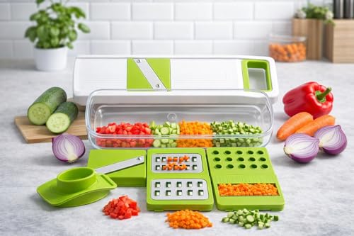 Image of 6 in 1 Vegetable Chopper Slicer Cutter with Container | Multi Blade Kitchen Tool for Slicing, Grating & Chopping | Manual Food Processor for Onion, Potato, Carrot | Easy Clean, BPA Free (Green or Red)