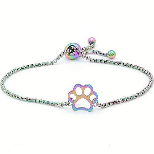 Jude Jewelers Stainless Steel Rainbow Multicolor Adjustable Size Dog Cat Paw Charm Chain Bracelet