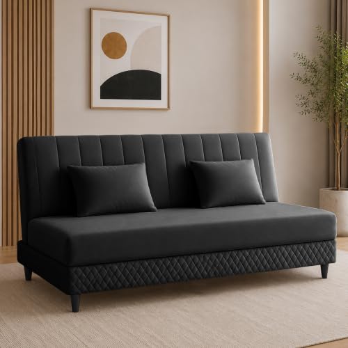 Image of Rosebell Modern 3 Seater Velvet Sofa Cum Bed with Cushion | Premium Upholstered Fabric | Tufted Backrest | Wooden Legs | Living Room Furniture | Black