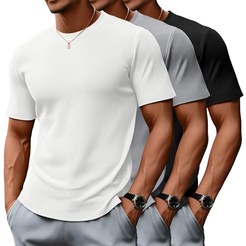 Huukeay 3 Pack Men's Big and Tall Ribbed T Shirts Crew Neck Short Sleeve Plus Size Tees Casual Slim Fit Knit Shirts