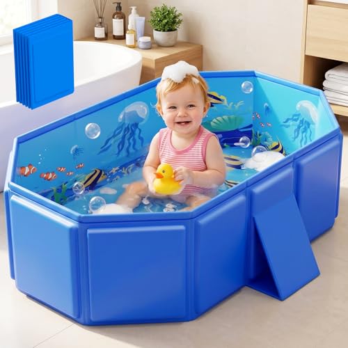 WaveHaven 2026 Toddler Bath Tub for Shower Portable Bathtub for Kids Toddler Thickened Toddler Bathtub Foldable Portable Travel & Shower Ready Easy to Clean Ocean Theme 12M-5Y