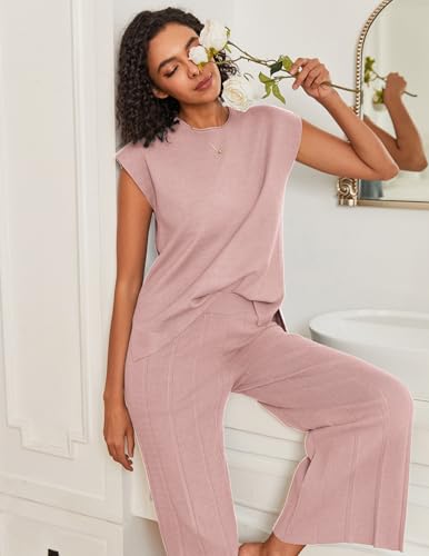 Image of Ekouaer Lounge Sets for Women Two Piece Outfits Knit Cap Sleeve Tops Wide Leg Pleated Pants Casual Dressy Sweater Sets