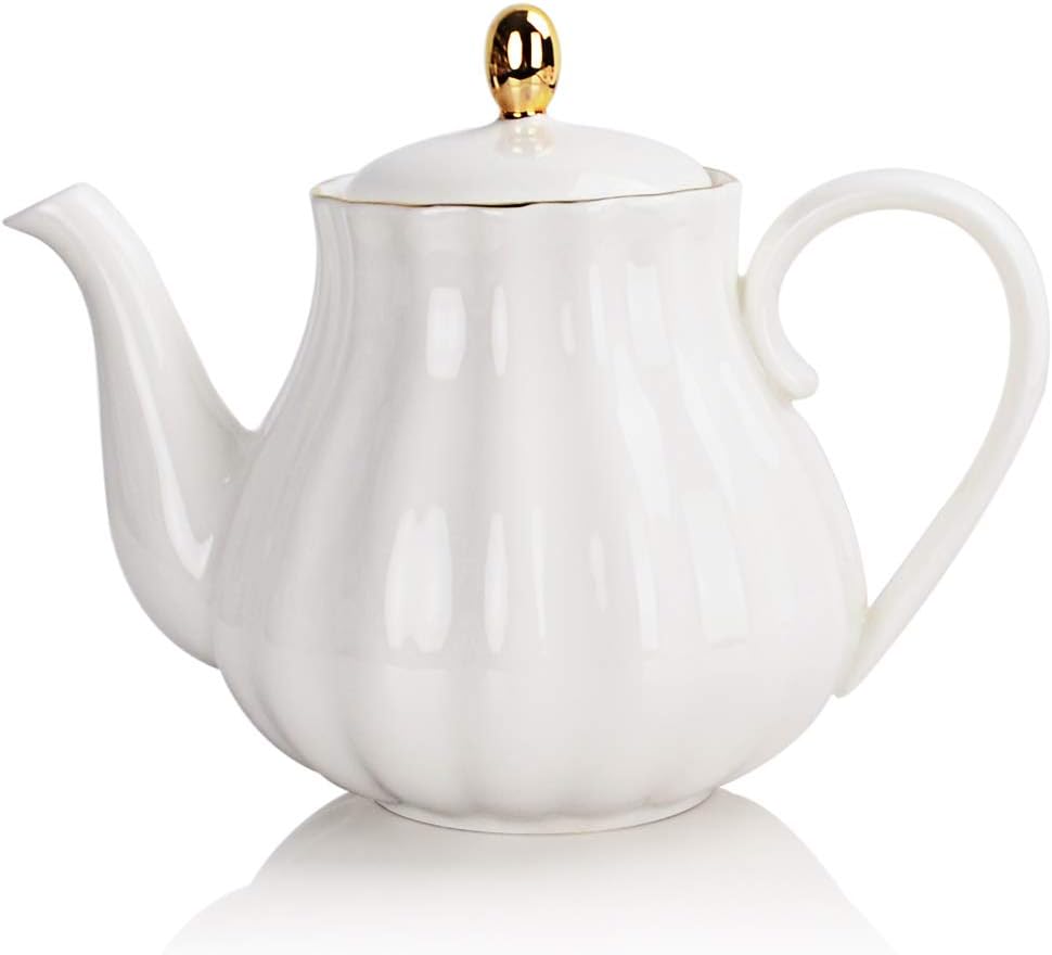 Home Royal Teapot, Ceramic Tea Pot with Removable Stainless Steel Infuser, Blooming & Loose Leaf Teapot - 28 Ounce(White)