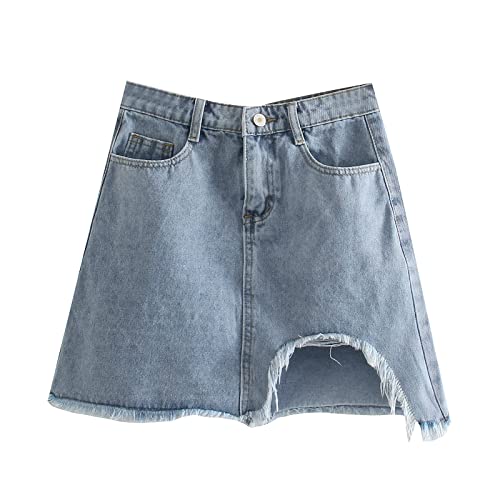 Women's Denim Skirt Women's Summer High Waist Ripped Raw Edge Denim Skirt A-line Skirt Summer