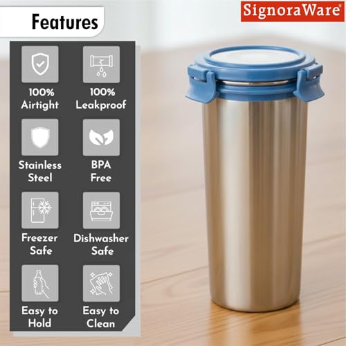 Image of Signoraware Lock N Store Stainless Steel Round Tumbler | Airtight & Leakproof | Compact Design | Easy to Clean | Ideal for Office, School, Travel, and Home Use (500ml | Eblue)