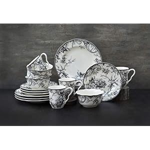 222 Fifth Adelaide 16-Piece Porcelain Dinnerware Set with Round Plates, Bowls, and Mugs, Black