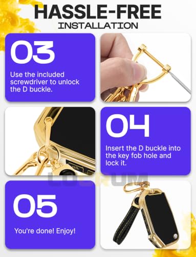 Image of Lucrum Key Fob Cover for Kia, TPU KeyFob Case & Leather Keychain | Fits ONLY FLIP Cadenza Forte K5 Niro Seltos Sorento Soul Sportage, 4 Button Keyfob Case (2018-2025) - Black and Gold