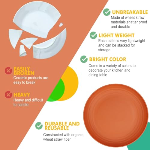 Image of Premium Wheat Straw Plates Set of 4 | Unbreakable Lightweight Dinner Plates | BPA Free Reusable Dishware | Microwave & Dishwasher Safe | Multicolor Serving Plates for Kids & Adults - 23cm