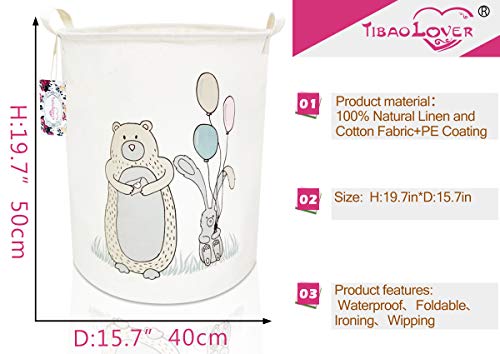 TIBAOLOVER 19.7" Large Sized Waterproof Foldable Canvas Laundry Hamper Bucket with Handles for Storage Bin,Kids Room,Home Organizer,Nursery Storage,Baby Hamper (Bear&Balloon) - Thumbnail 2