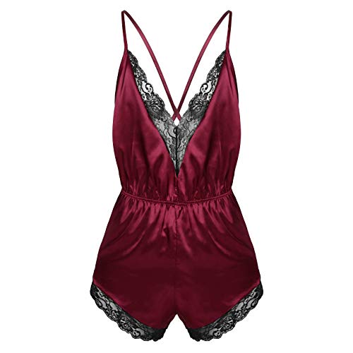 Lejafay Sissy Mens Adult Satin Lingerie Open Back Romper Bodysuit Crossdressing Nightwear Pajamas