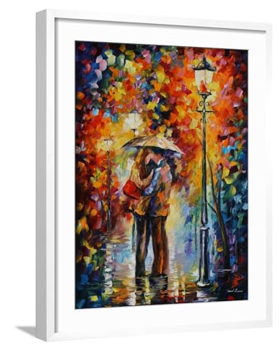 ART.COM Wall Art Print Kiss Under The Rain on White Frame by Leonid Afremov, 23" x 29"