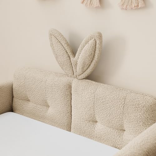 Image of KEIKI Twin Size Upholstered Platform Bed Frame with Guardrail, Slats, Camel | Boucle Platform Bed with Cute Rabbit Ear Shaped Headboard, Pocket, for Boys and Girls, No Box Spring Required, Easy Assembly