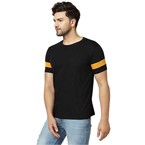 Image of London Hills Men's Half Sleeve 100% Pure Cotton Casual Round Neck with Stripe on Arm, Regular Fit Non-Shrinkable Multicolor T-Shirts