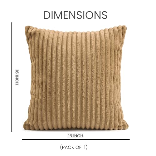 Image of Yellow Weaves Pencil-Stripe Fur Cushion Covers | Soft Polyester | Decorative Sofa & Throw Pillow Covers | 16x16 Inches, Pack of 1 (Golden Brown)